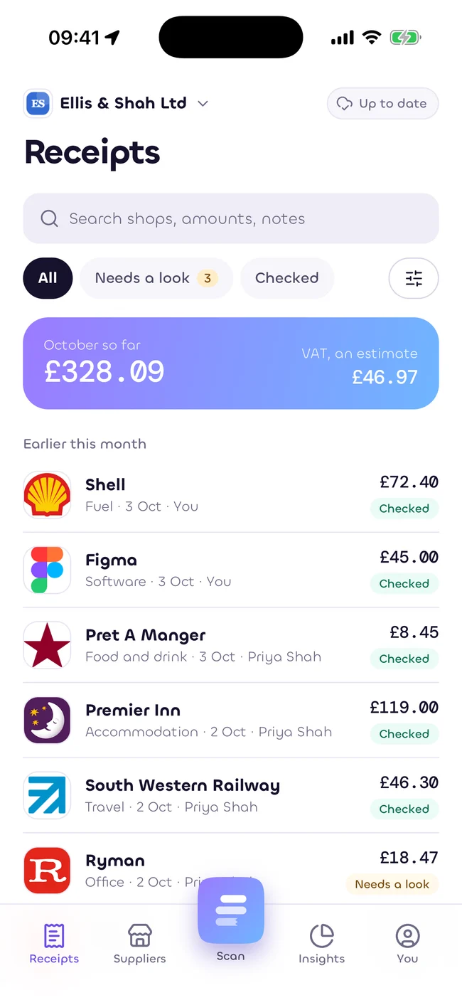 Sukiri phone app showing receipts with supplier names and totals